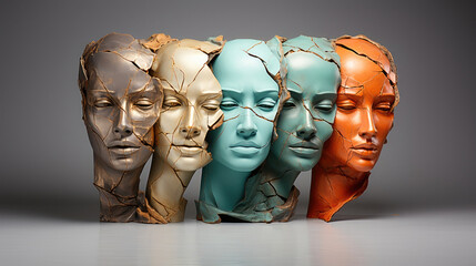 Colorful abstract sculptures with cracked textures portraying expressive faces in a modern art style.
