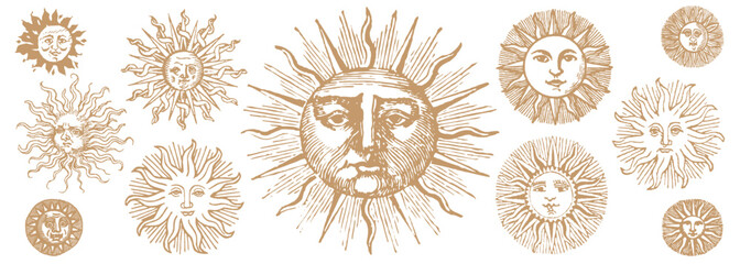 Engraving Sun. Solar System Exploration. Vintage Drawing Style Sun Faces. Medieval Hand Drawn. Mystic Alchemy Esoteric Sun Set.