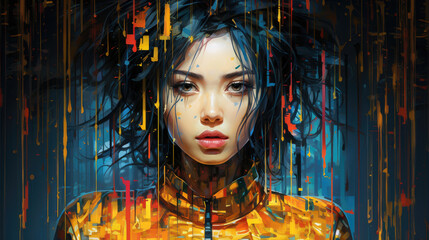 Striking digital portrait of a woman with abstract colorful elements in a modern cyberpunk style.