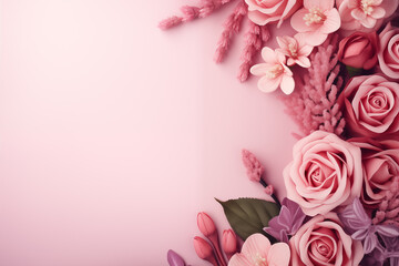 Beautiful, stylish Mothers Day or Valentines Day background or banner. Flowers and presents with copy space