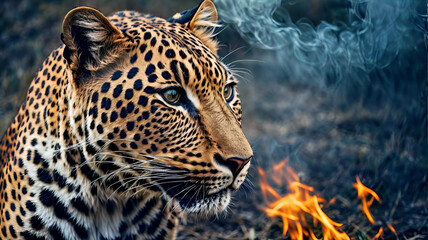 Close Up of Leopard Near Fire, Majestic Wildlife in Natural Habitat