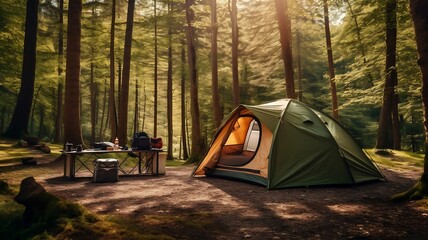 Camping picnic tent campground in outdoor hiking forest. - obrazy, fototapety, plakaty