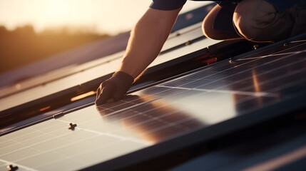 Mechanic fix solar panels on the rooftop, green energy, alternative energy