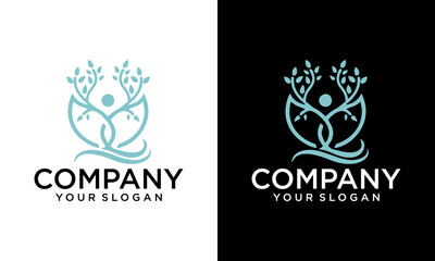 Creative Abstract Monoline Yoga Leaf Logo Vector. Human Yoga With circle plant Logo Design Template.