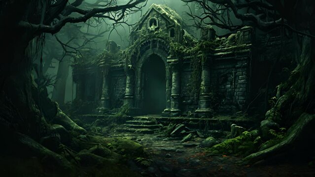 An eerie crypt deep in a fog enshrouded forest its disused tombs overgrown with dense ivy the only sound one of a lone wolf howling in the night.