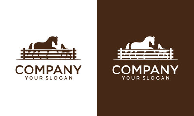 Creative Horse silhouette behind wooden fence paddock for countryside western country farm ranch logo design - obrazy, fototapety, plakaty
