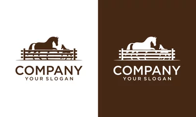 Foto op Plexiglas Creative Horse silhouette behind wooden fence paddock for countryside western country farm ranch logo design © cloe