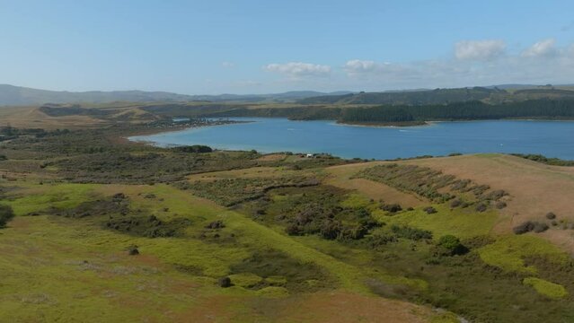 Aerial: Kai Iwi Lakes in summer time. Dargaville, Northland, New Zealand. 