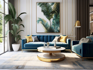 A modern living room with a blue velvet sofa and gold accents