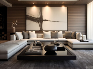 A contemporary living room with a sleek coffee table and a large sectional