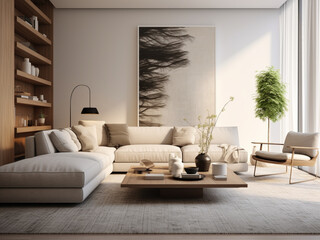 A contemporary living room with a minimalist aesthetic and a focus on texture