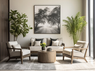 A modern living room with a neutral color scheme and a touch of greenery