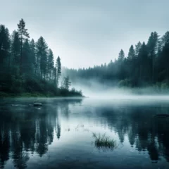 Wandaufkleber Wald im Nebel fog on the lake Generative A