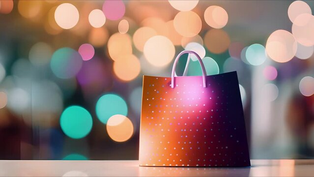 Macro shot of a virtual personal shopping assistant logo, featured on a colorful shopping bag.