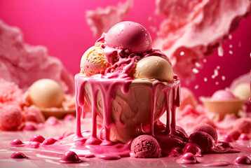 Pink Ice Cream Sundae Overflowing With Delicious Scoops