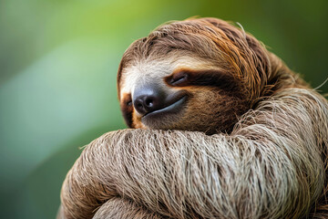 Fototapeta premium Close-up of a smiling sloth relaxing in a natural environment, showcasing its furry body and calm demeanor.
