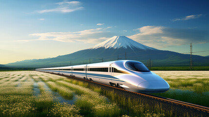 A high-speed train runs through a field and has Mount Fuji in the background in Japan. Ai generate. - Powered by Adobe