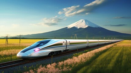 A high-speed train runs through a field and has Mount Fuji in the background in Japan. Ai generate.
