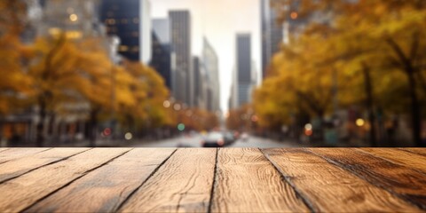 Naklejka na ściany i meble The empty wooden table top with blur background of business district and office building in autumn. Exuberant image. generative ai