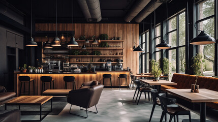 The interior of the coffee shop/café is modern and woodsy, giving it an open, modern style that makes it warm and welcoming to sip your coffee every morning. Ai generate.