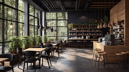 The interior of the coffee shop/café is modern and woodsy, giving it an open, modern style that makes it warm and welcoming to sip your coffee every morning. Ai generate. - obrazy, fototapety, plakaty