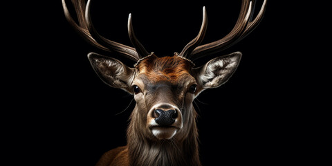 head isolated on white,Deer head with antlers on black backgroundgenerative ai,Deer Face ,A deer with big horns stands in front of a dark background.A deer with antlers on its head