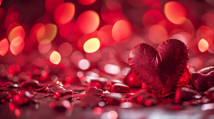 A cozy and romantic valentine's day scene, with a heart-shaped pillow adorned with red hearts, bathed in a warm magenta light reminiscent of christmas cheer