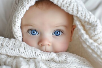 Fototapeta na wymiar Baby with Blue Eyes Peeking from White Blanket