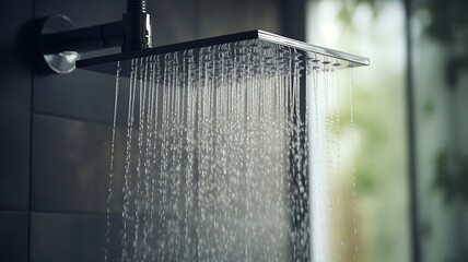 Shower head with flowing water. Shower head close-up.