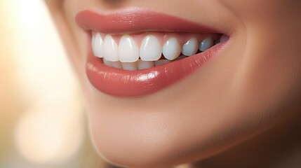 Hyper-realistic dental care scene featuring the beautiful smile of a healthy woman with white teeth, close-up