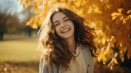 Minimalist and modern portrayal of a smiling young woman in an autumn park, with crisp details and clean lines