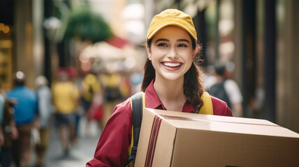 ダンボールを運ぶ女性の配達員 Delivery woman carrying a box - obrazy, fototapety, plakaty