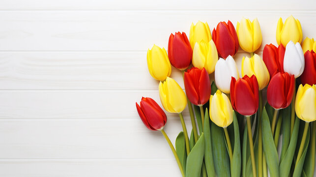 valentine background bouquet of red and yellow tulips on a wooden table,  flower wallpaper, floral background