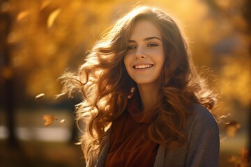 Realistic portrait of a young happy smiling woman in an autumn park, captured with the essence of golden-hour sunlight