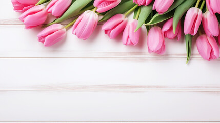 A fresh bouquet of pink tulips lies against a white wooden backdrop, creating a serene and pure springtime atmosphere.