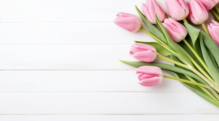 Pink Tulips on White Wooden Background, A fresh bouquet of pink tulips lies against a white wooden backdrop, creating a serene and pure springtime atmosphere.