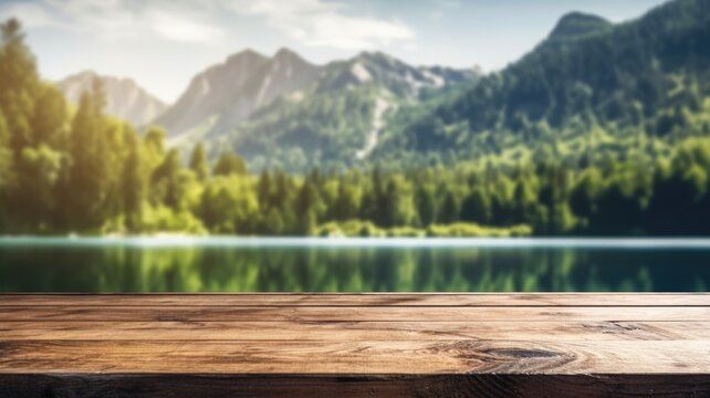 The empty wooden table top with blur background of summer lakes mountain. Exuberant image. generative AI