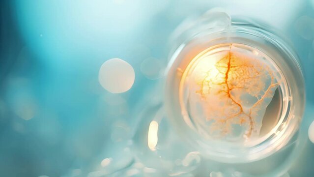 A closeup image of a tiny embryo encapsulated in a clear, frozen casing, symbolizing the delicate process of cryopreservation for genetic preservation.