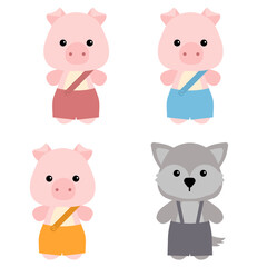 Vector three pink cartoon pigs and gray wolf isolated on white background, fairy tale