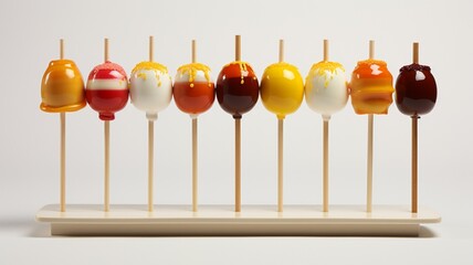 A visually stunning display of caramel-covered apples with vibrant, gradient-colored coatings, arranged in an artful composition -Generative Ai