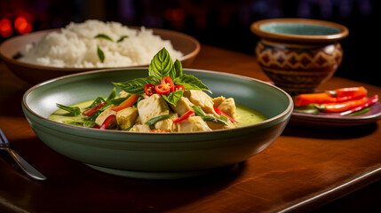 Indulge in the visual delight of homemade green curry in a bowl, paired with steaming jasmine rice...