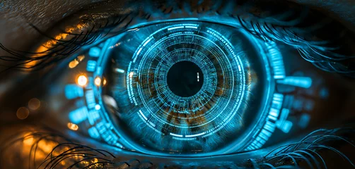 Tuinposter close-up of an eye with intricate blue digital patterns, suggesting advanced biometric technology for scanning or security purposes © weerasak