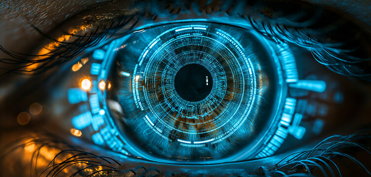 close-up of an eye with intricate blue digital patterns, suggesting advanced biometric technology for scanning or security purposes