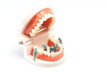 Miniature people , Dentist repairing human teeth with gums and enamel