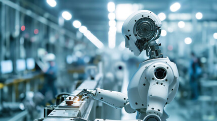 Fototapeta premium white robot with a detailed head and arm, working on an assembly line in a factory with other robots and lights