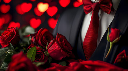 A romantic touch of red and green, captured in the delicate beauty of a rose and a suit, evoking feelings of love and warmth on valentine's day
