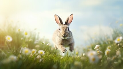 Funny Easter bunny hopping in a meadow with selective focus and copy space, hyper-realistic illustration, inspired by Caravaggio's lighting