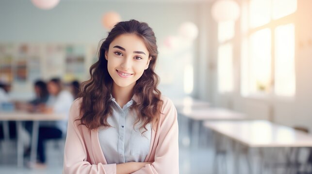 Soft focus photo, stock photography Portrait of a smiling young woman student in a serene classroom setting, pastel colors