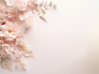 Pink Flowers and Leaves on Peach Background. Copy space.