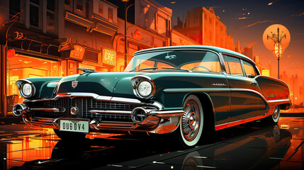 Colorful illustration of a classic vintage car on an urban street at sunset with a warm, retro vibe.